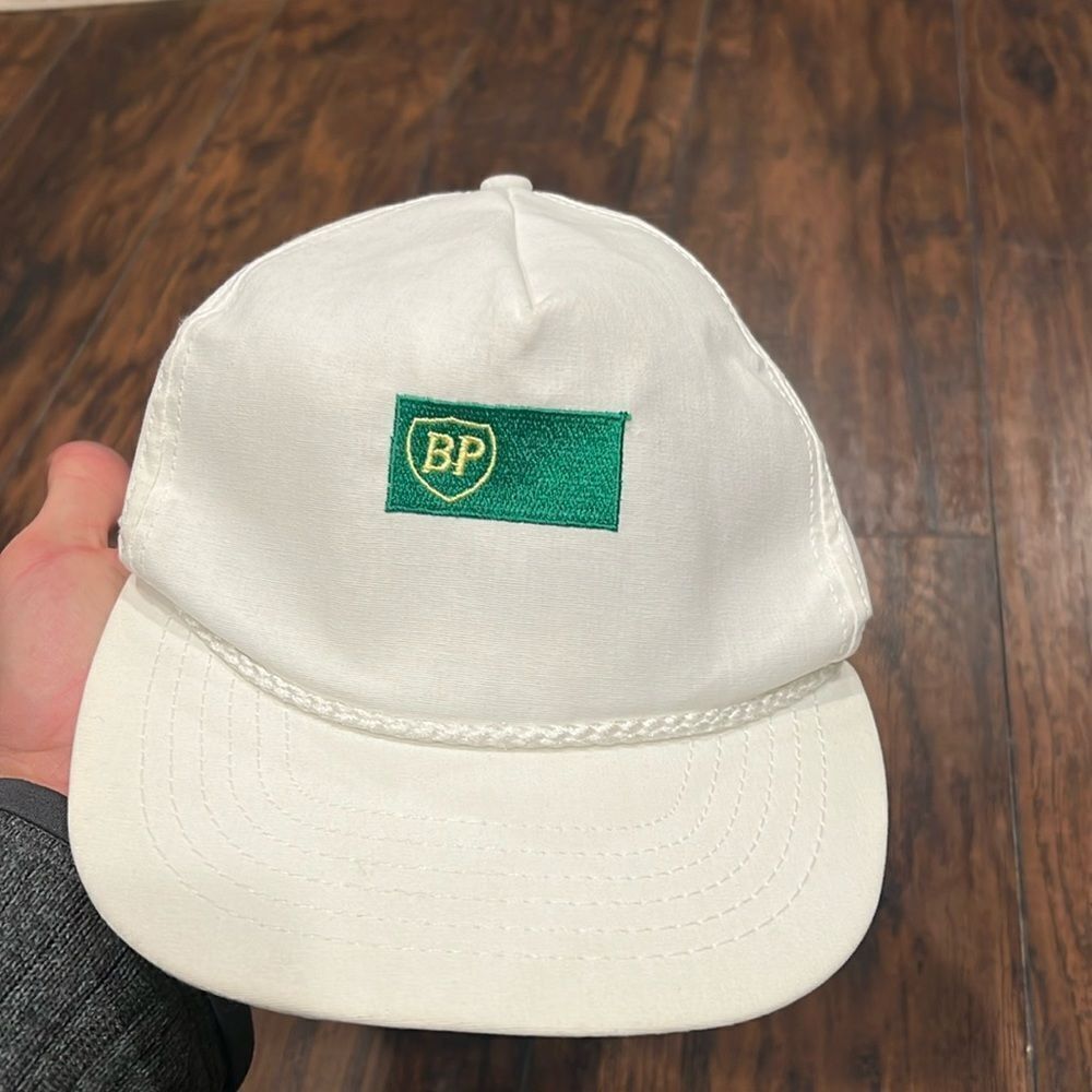 Vintage BP Gas White Cotton Adjustable Trucker Cap Hat made in USA NWOT